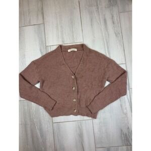 Les Soeurs Fuzzy Knit Cardigan Mauve Brown V-Neck Button Front Sz S/M Balletcore